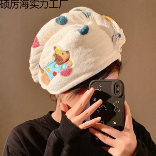 Cute Polka Dot Puppy Coral Velvet Dry Hair Cap for Women Super Absorbent Quick-Drying Hair Towel Thickeneded Shower Cap for Students
