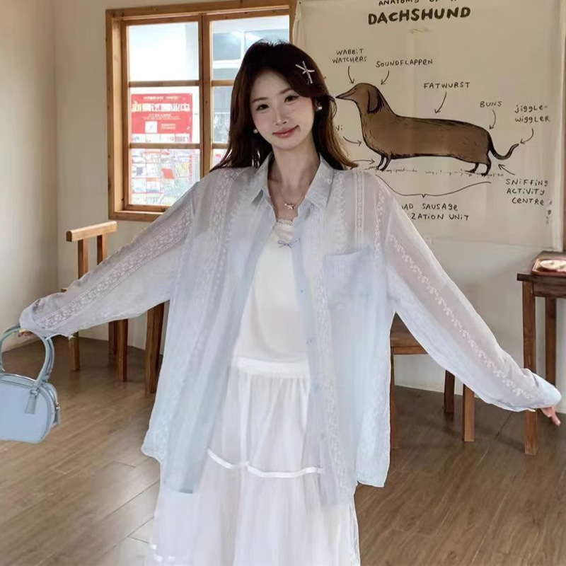 Sweet Micro-transparent Sun-protective Clothing Shirt Spring and Summer New Loose Mid-length Long-sleeved Thin Cardigan Women's Air-conditioning Shirt Trendy