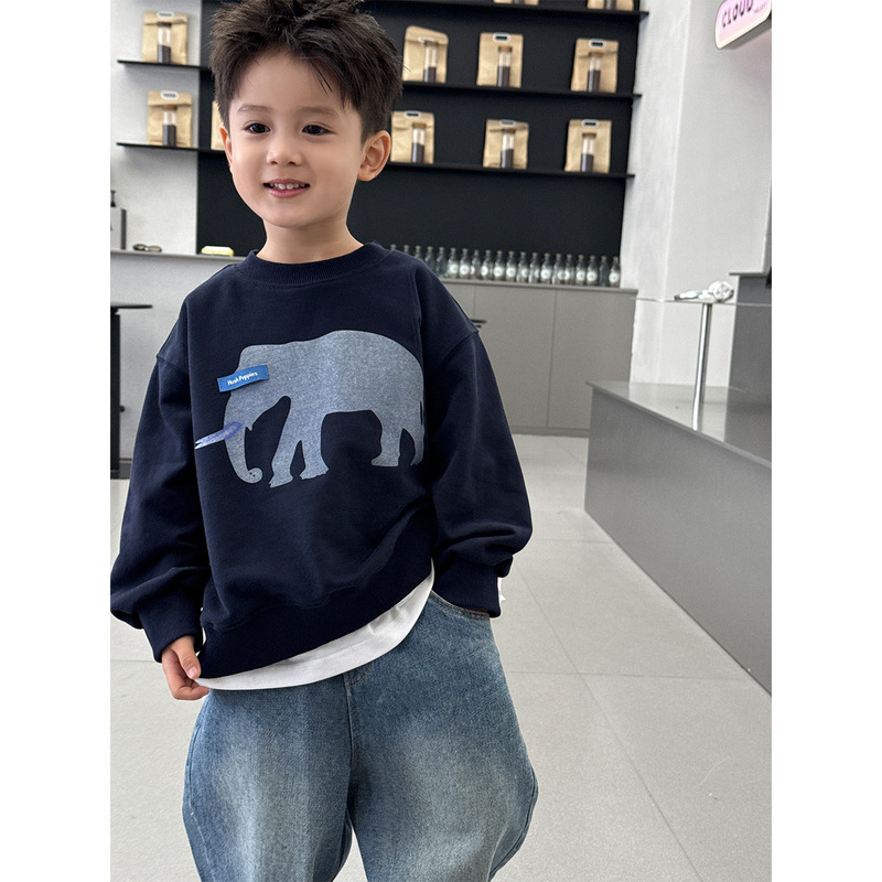 Spring Korean-Style Fashion Elephant Print on the Chest Children's Long-Sleeve Casual Loose Sweatshirt for Boys and Girls Versatile Trendy Children's Clothing
