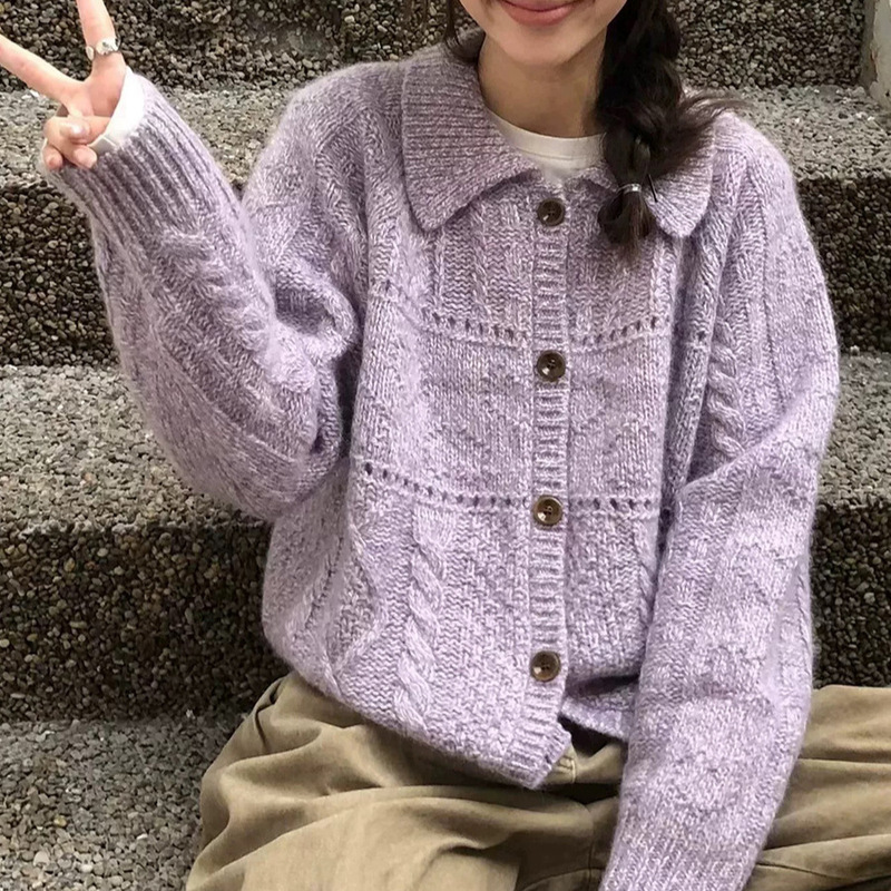 2025 New Autumn and Winter Retro Twist Lapel Knitted Cardigan Women's Korean Style Loose and Versatile Lazy Style Women's Sweater