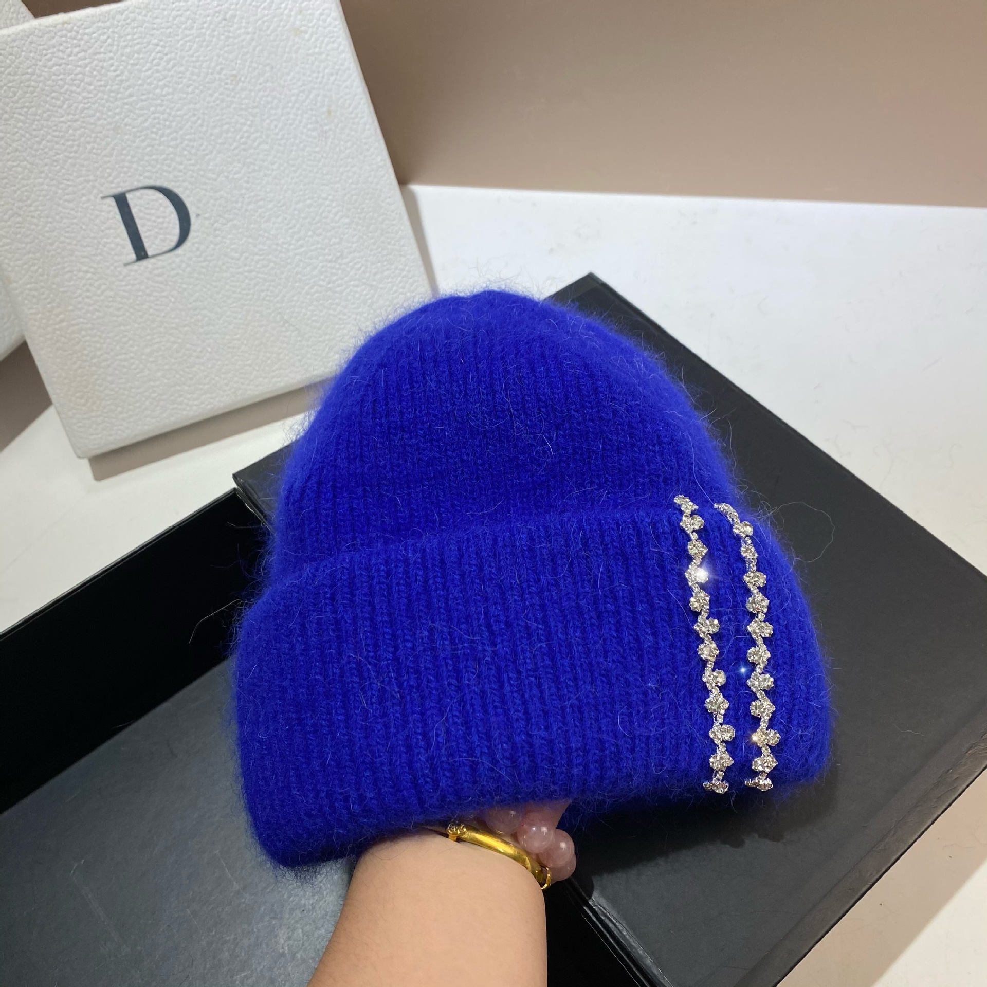 Winter-Thermomütze für den Außenbereich, langes Kaninchenhaar, doppelt gefaltete Strickmütze, Mode-Promi-Feng-Shui-Diamant-Wollmütze_voghion.com