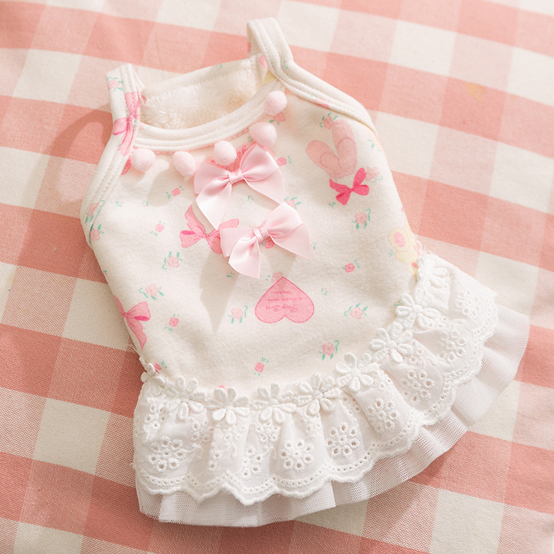 Otoño e invierno perro engrosamiento más terciopelo princesa viento cálido arco encaje chaleco falda gato falda ropa para mascotas