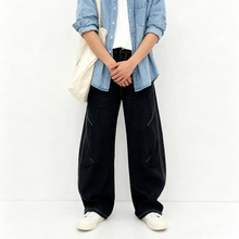 黑色明线牛仔裤男秋季新款美式复古百搭裤cleanfit直筒宽松阔腿裤