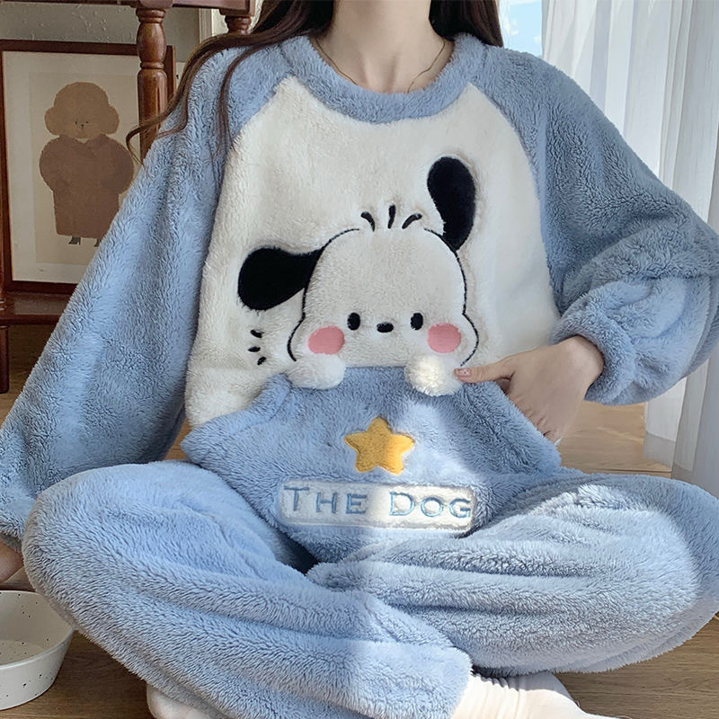 Plus Size Pajamas for Women in Autumn and Winter Thickeneded and Velvet Coral Velvet Can Be Worn Outside Cartoon Flannel Home Clothes Set Ready for Sale