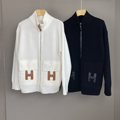 南油篙品25秋冬新款H家时尚拼皮口袋中长款羊绒针织拉链宽松外套