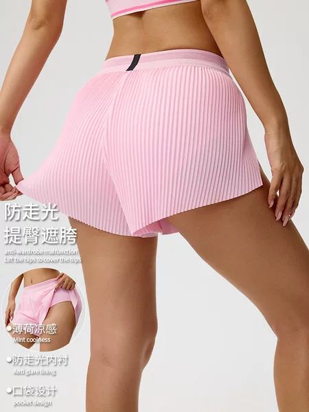 European and American Style Mint Cool Fitness Shorts for Women, Faux Two-Piece with Anti-Exposure Lining, Butt-Lifting and Hip-Covering Tennis Shorts, Yoga