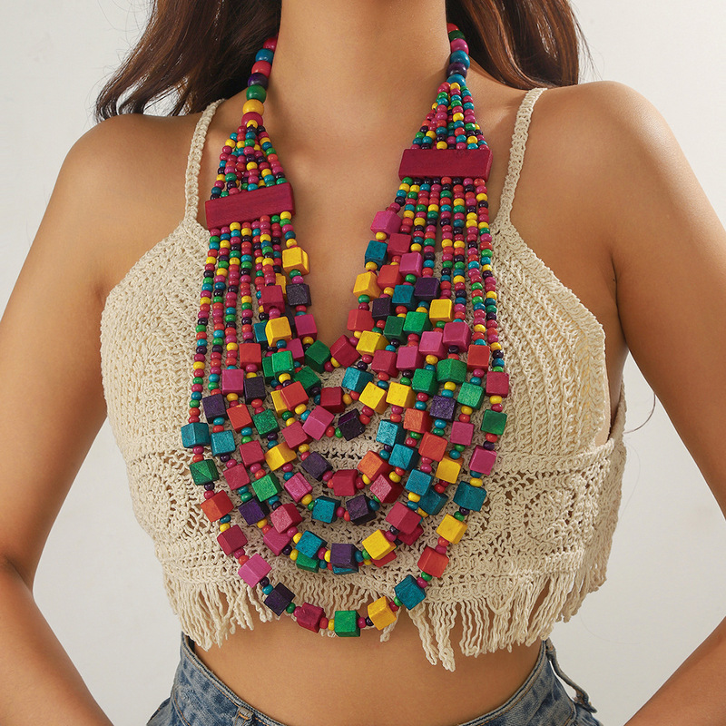 Cross-border New Color Square Wood Multi-layer Personalized Handmade Beaded Bohemian Style Necklace Women Wholesale