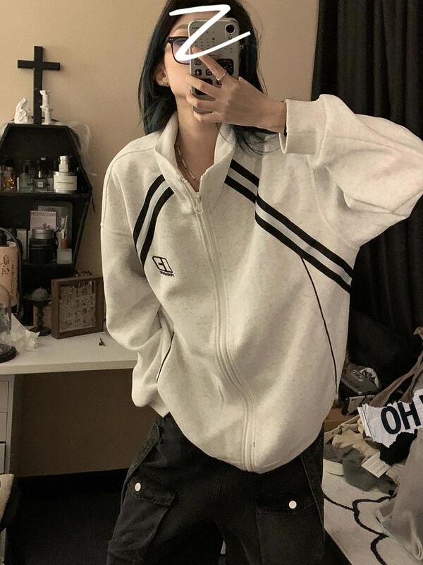 American National Fashion Brand Contrasting Color Stand-Up Collar Cardigan Sweatshirt Women's Autumn and Winter New Loose Casual Sports Zipper Jacket Top