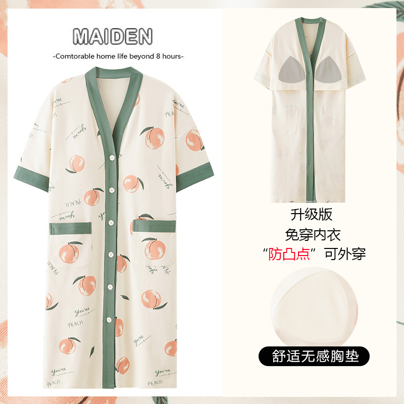 여성용 5XL 특대 사이즈 잠옷, 여름 순면, 가슴 패드 내장, 반팔 가디건, 잠옷, 홈웨어, 야외에서 착용 가능