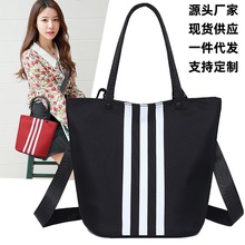 跨境新款三条杠手提包休闲百搭水桶包尼龙布大容量女士斜挎单肩包
