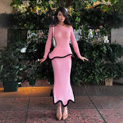 高级感纯欲风撞色卷边上衣针织裙套装女2025秋冬新款跨境欧美风