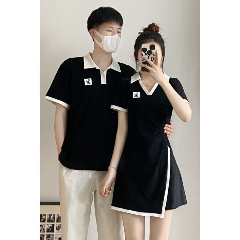 French Couple Clothing 2023 Summer New Korean Irregular Design Sense Dress Short Sleeve T-shirt One Skirt One Dress