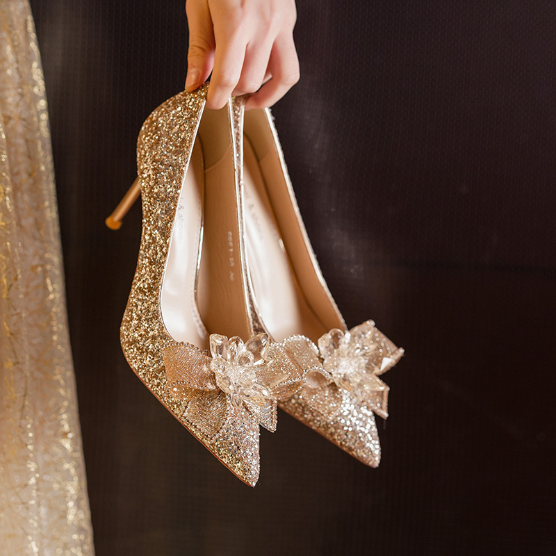6681-18E Crystal Bow Wedding Bride Shoes Wo Xiu Not Tired Feet Women's High Heels