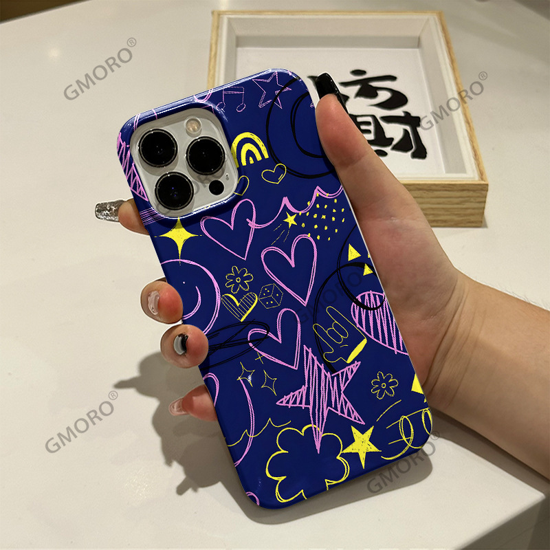 Cross-Border Niche Designer Illustration Heart Suitable for Apple 17 Mobile Phone Case Iphone16/15 Film Large Hole 14