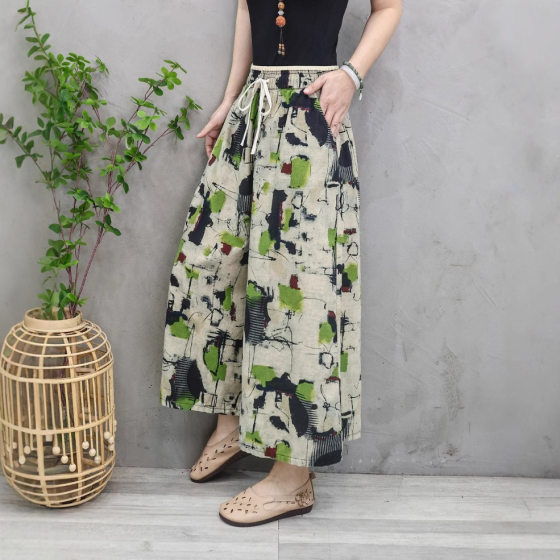 Printed Cotton and Linen Wide-leg Pants Women's Summer Thin High Waist Dipping Loose Casual Eight-point Ramie Linen Skirt Pants