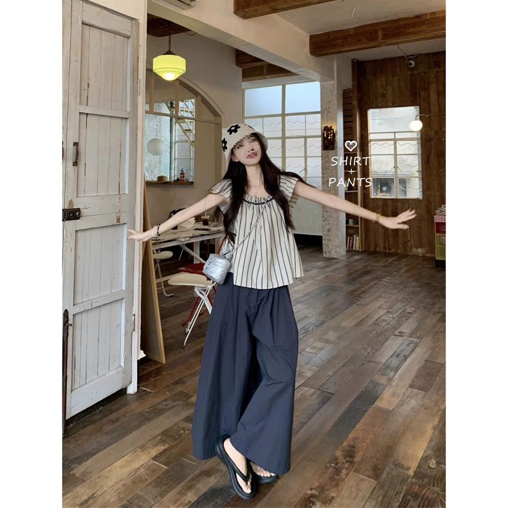 Сладкий полосатый утягивающий топ с маленькими рукавами-крылышками, женская летняя новая свободная высокая талия, широкие брюки, модный комплект