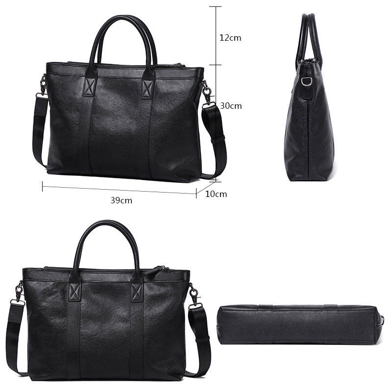 Cặp da nam công sở da bò lớp đầu nhiều ngăn 38×8×28 cm, đeo vai/chéo — Màu đen