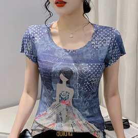 学院风卡通动漫女孩圆领短袖女式t恤学生印花扎染透气网纱体恤