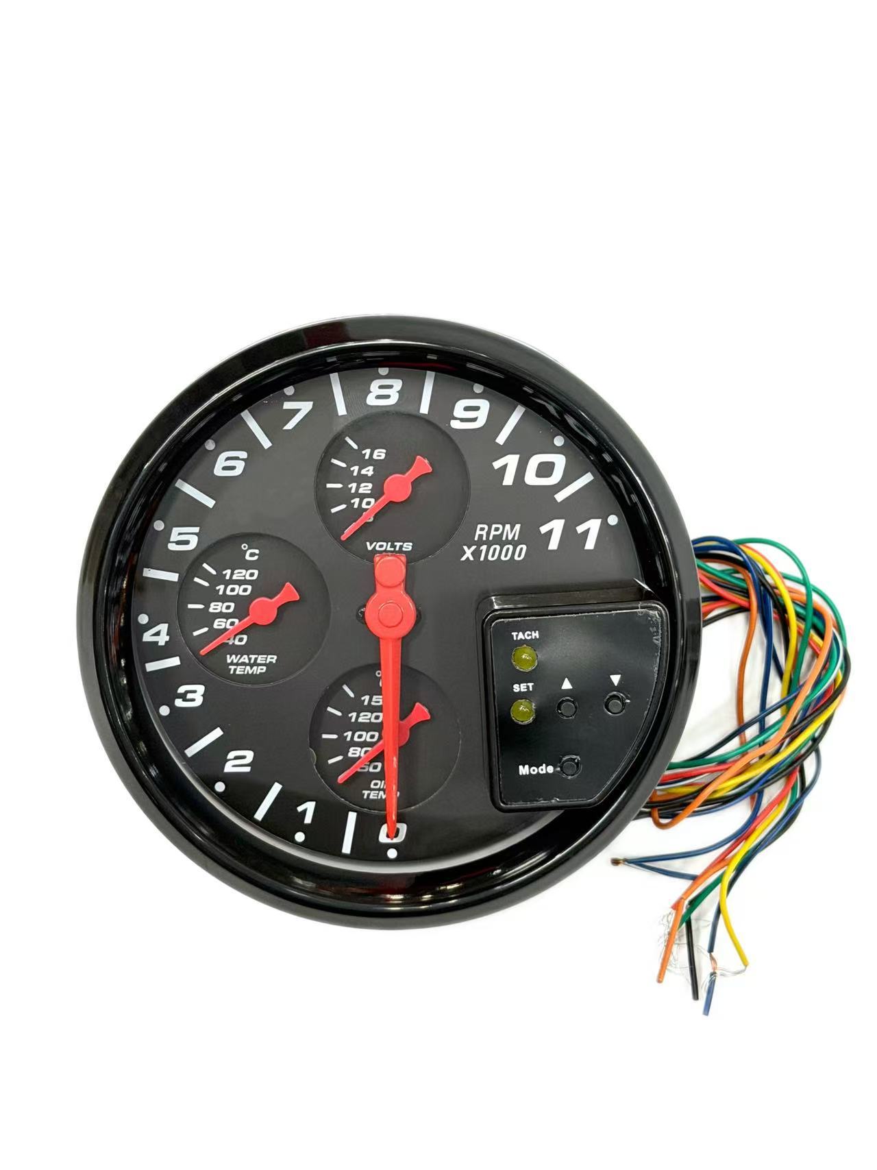 Car Modification Instrument 5-Inch 12V Four-In-One Tachometer Multi-Function Voltage, Water Temperature, Oil Temperature Gauge Universal for Racing Cars