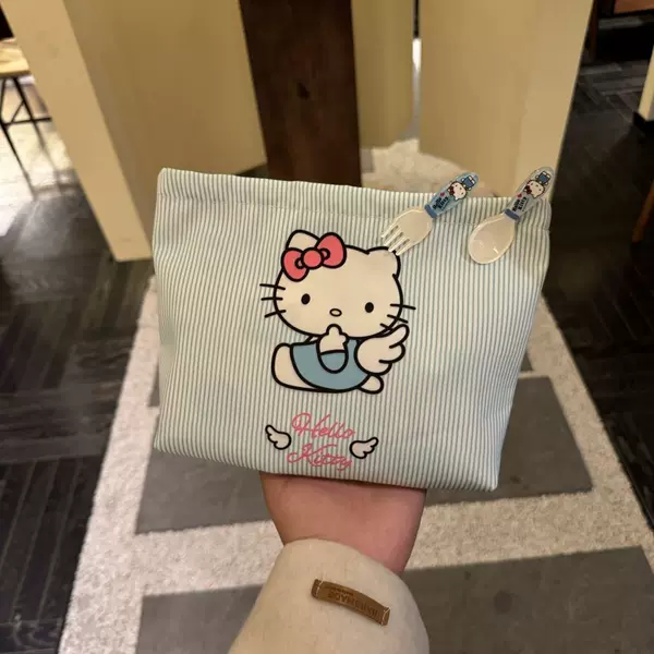 New Cute Blue Striped Storage Makeup Bag, Popular Cat-Shaped Handheld Makeup Cartoon Portable Clutch Storage Bag