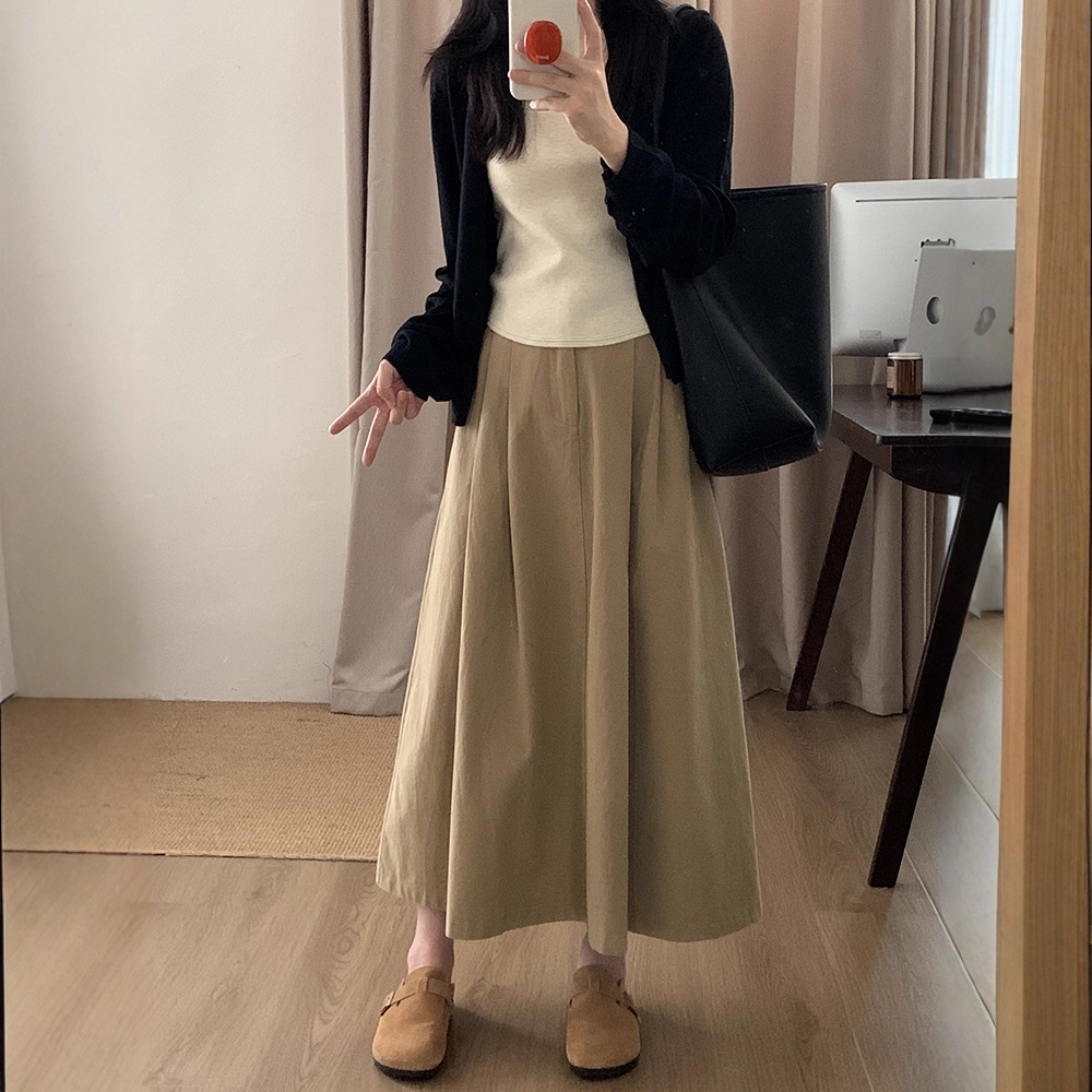 卡其色半身裙女秋季2025新款百褶裙长款高腰牛仔裙a字裙大摆伞裙