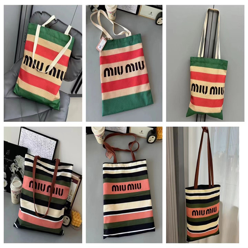 夏季miumiu帆布包小众时髦条纹拼色字母帆布包大容量托特包收纳