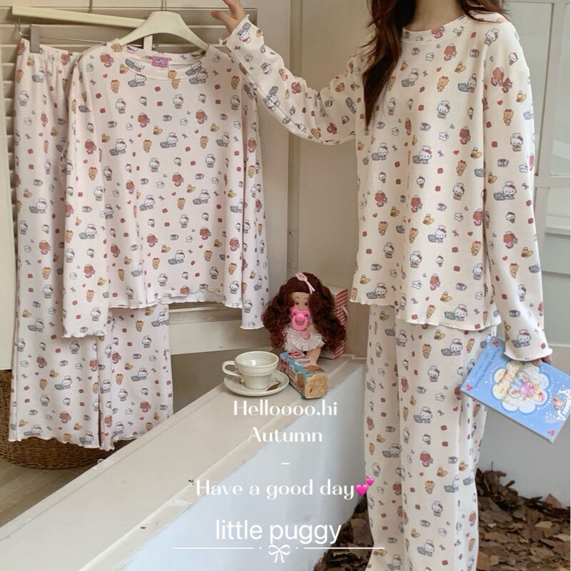 Little Puggy Waffle Knitted Bottoming Shirt 2 Colors Cute Cartoon Cat Pullover Comfortable Pajamas Set Little Puggy Waffle Knitted Bottoming Shirt 2 Colors Cute Cartoon Cat Pullover Comfortable Pajamas Set