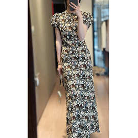 南油女装2025夏季新品真印花连衣裙女修身短袖小蛮腰高级感中长裙