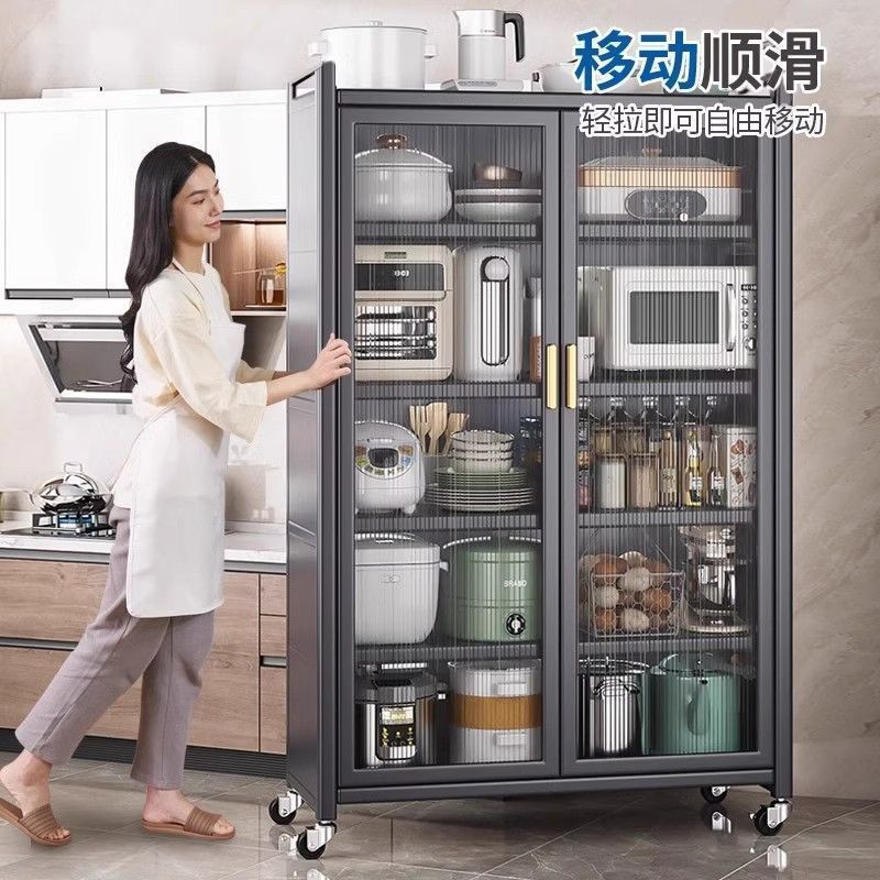 爆款厨房橱柜碳钢双开门储物柜多层带门收纳微波炉置物柜带轮子|undefined