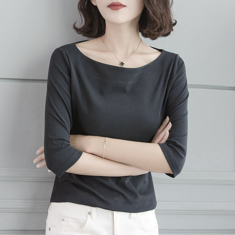 New Spring, Summer and Autumn One-Line Collar Mid-Sleeve Tops, One-Line Shoulder Shirts for Women, Slimming Look Five-Quarter Sleeve Bottoming Shirts