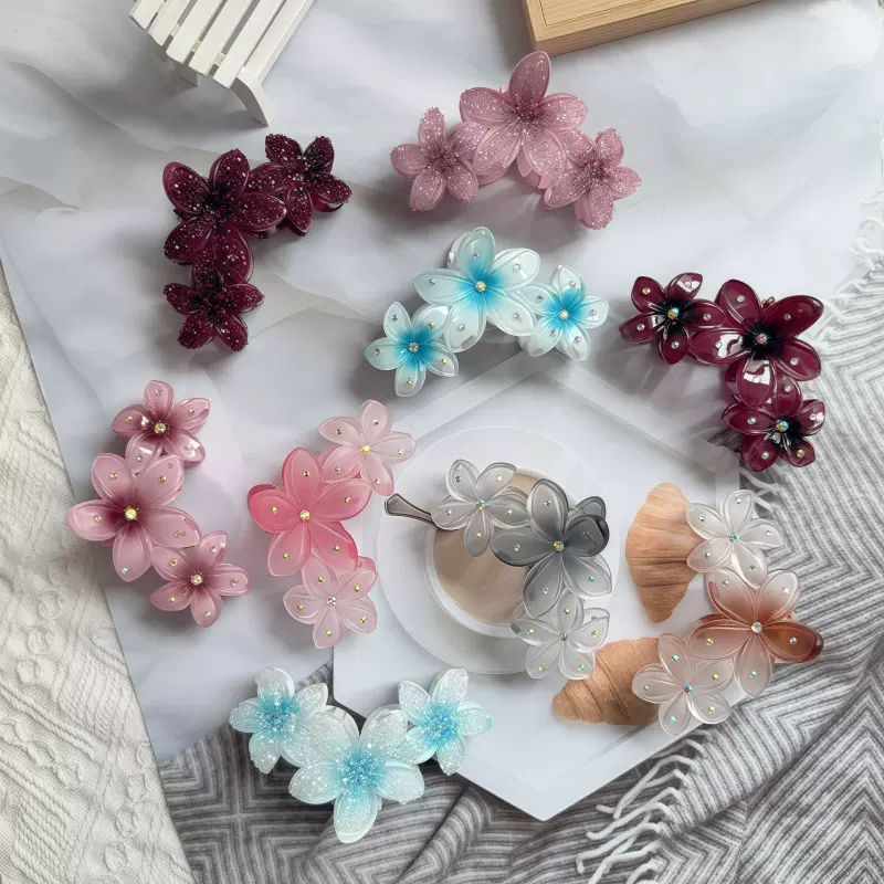 鸡蛋花抓夹仿真糖果色花朵发夹新款点钻紫荆花发抓五瓣花发夹饰品