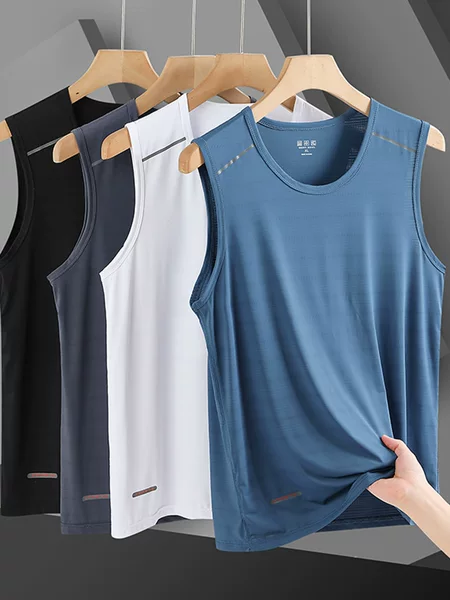 Ice Silk Quick-Drying Breathable Vest for Men in Summer, Lightweight Sleeveless Training Fitness Clothing, Elastic Round Neck Top for Men T8266