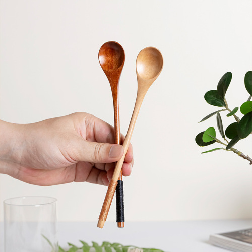 Internet celebrity Japanese wooden long handle honey spoon mini coffee spoon thin handle mixing spoon household small spoon wooden spoon tableware