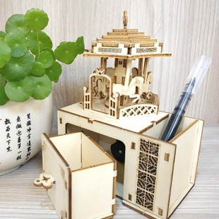 Technology Production Material Package Handmade diy Wooden Assembled Music Box Birthday Gift Carousel Pen Holder Ornaments