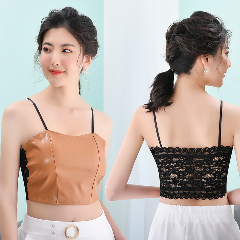 2024 New European and American Style Retro Spicy Girl Pu Leather Sexy Strapless Crop Top Slim Fit Tank Top