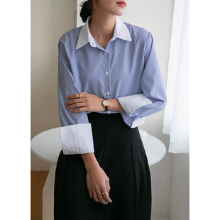 2025 Early Spring Commuter Blue Striped Shirt Women's Blue and White Vertical Striped Shirt Niche Stacked Women's Wear