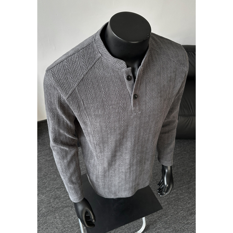 Textured Wheat-ear Pattern Henry Collar Long-sleeve T-shirt For Men, Spring Cleanfit High Street Style, Stylish And_voghion.com
