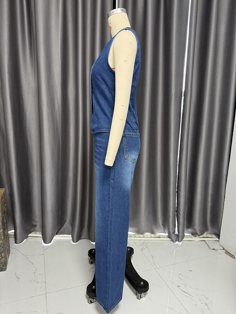 Conjunto de chaleco vaquero y pantalones anchos para mujer_voghion.com