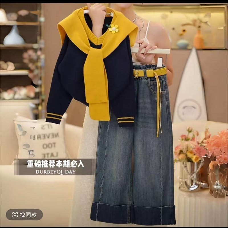 女童春秋款套装2025新款洋气儿童时髦韩版披肩套头毛衣两件套休闲|undefined