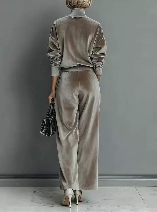 Damen Strick Zweiteiler Set Langarm Oberteil Und Weite Hose_voghion.com