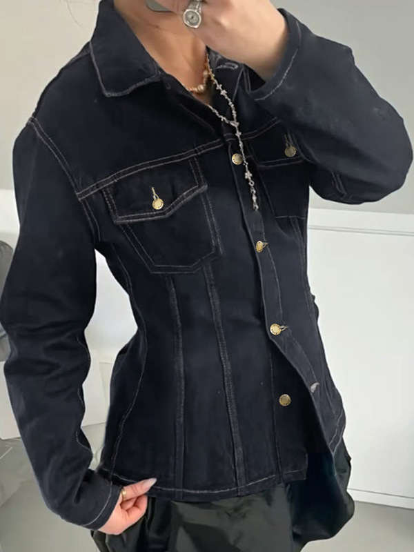 欧美跨境新款休闲时尚设计显瘦修身长袖外套收腰分割牛仔衬衫外套|undefined