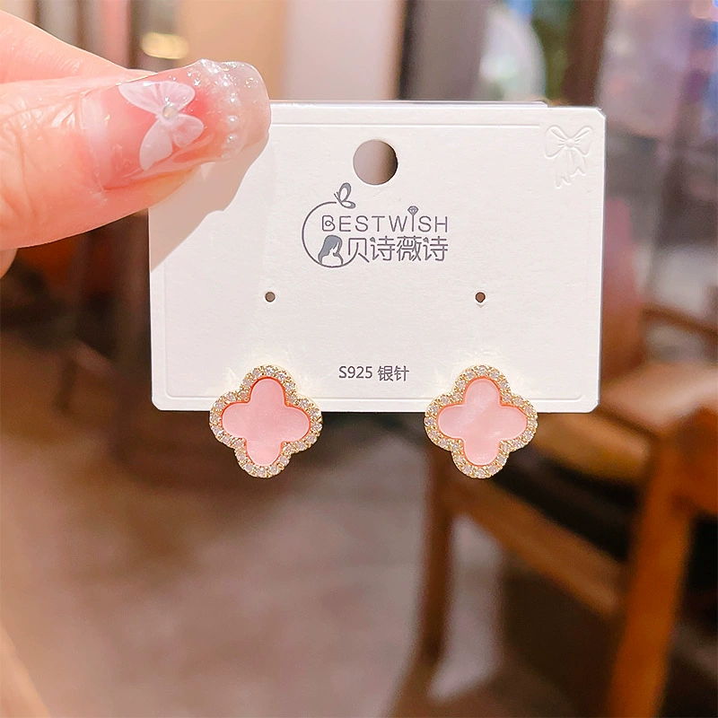 Earrings (BESTWISH) S925 silver posts, clover motif, small lightweight, colors black white green fuchsia