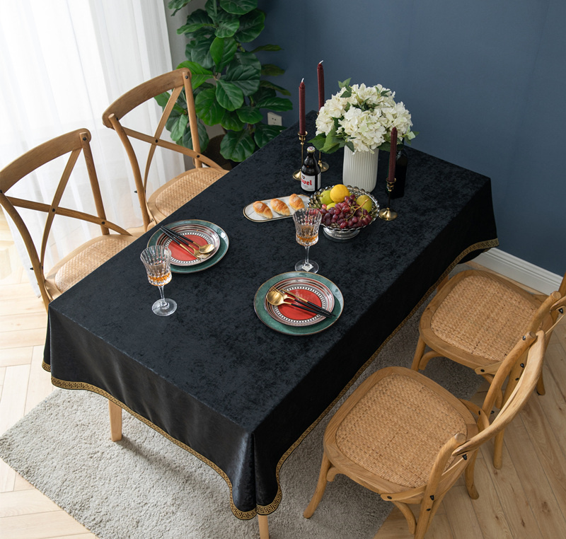 ZJ05黑色雪尼尔镶边桌布 新中式餐布艺台布长方形轻奢绒简欧式定