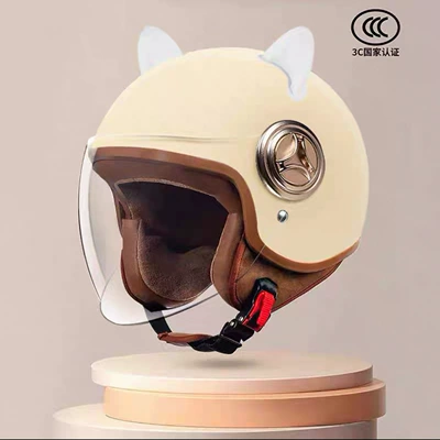 Retro Helmet, Safety Helmet, Half Helmet, Motosiklet kaskı (dəbilqə) - 801-new-national-standard-class-a-3c-certification-light-khaki-long-mirror-white-rabbit-ears-free-size