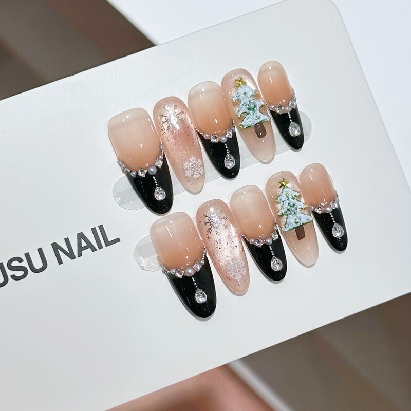 [Christmas Rime] Black French Christmas Tree Niche Design Chinese Style Wearable Nail Patches Removable Nail Patches