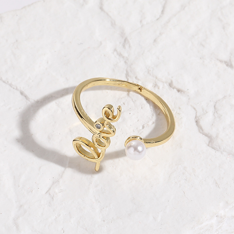 Simple Style Love Letter Copper Gold Plated Artificial Pearls Open Ring 1 Piece