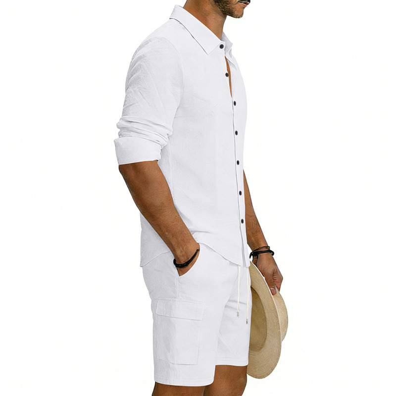 Summer Men's Linen Long Sleeved Shirt Casual Loose Fit Style With Multi Pockets Cargo Shorts Set_viptrois.com