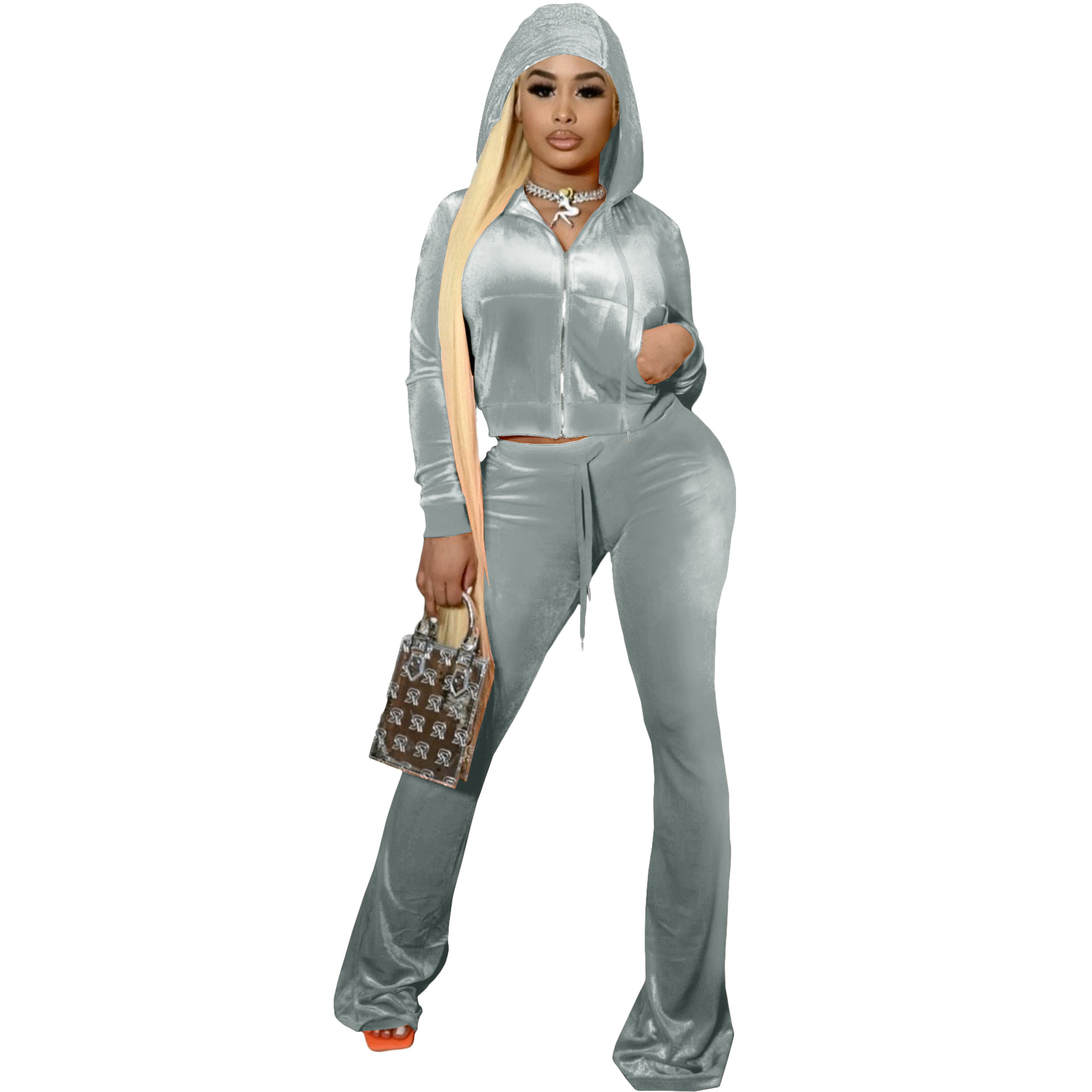 F172 European American Women's Clothing Cross-border Korean Autumn And Winter New Two-piece Hooded Casual Sports Velvet_ecoleips.com