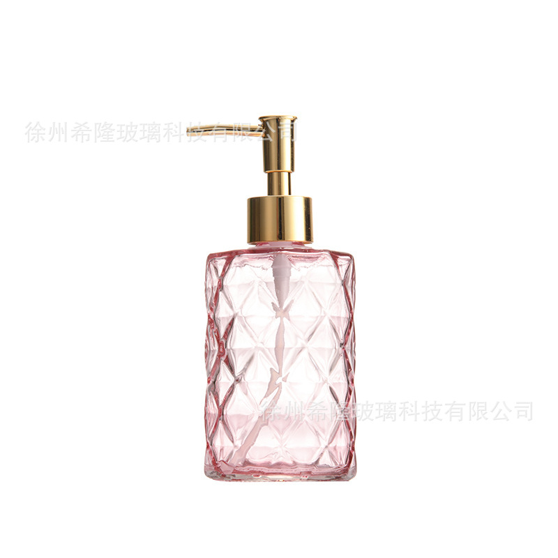 Fabricante al por mayor de botellas de vidrio transparente de 350 ml, botella de vidrio para loción, gel de ducha, botella de desinfectante de manos con forma de diamante, creativa