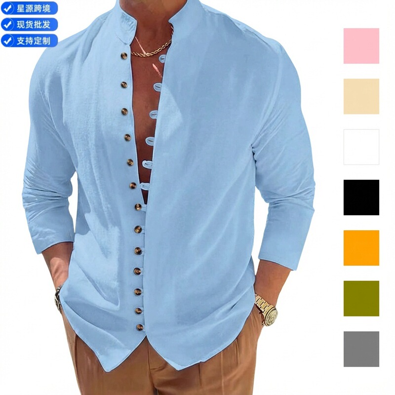 2026 Amazon Aliexpress Autumn Hot-Selling Men's Retro Cotton Linen Casual Loose Long-Sleeve Shirt for Men